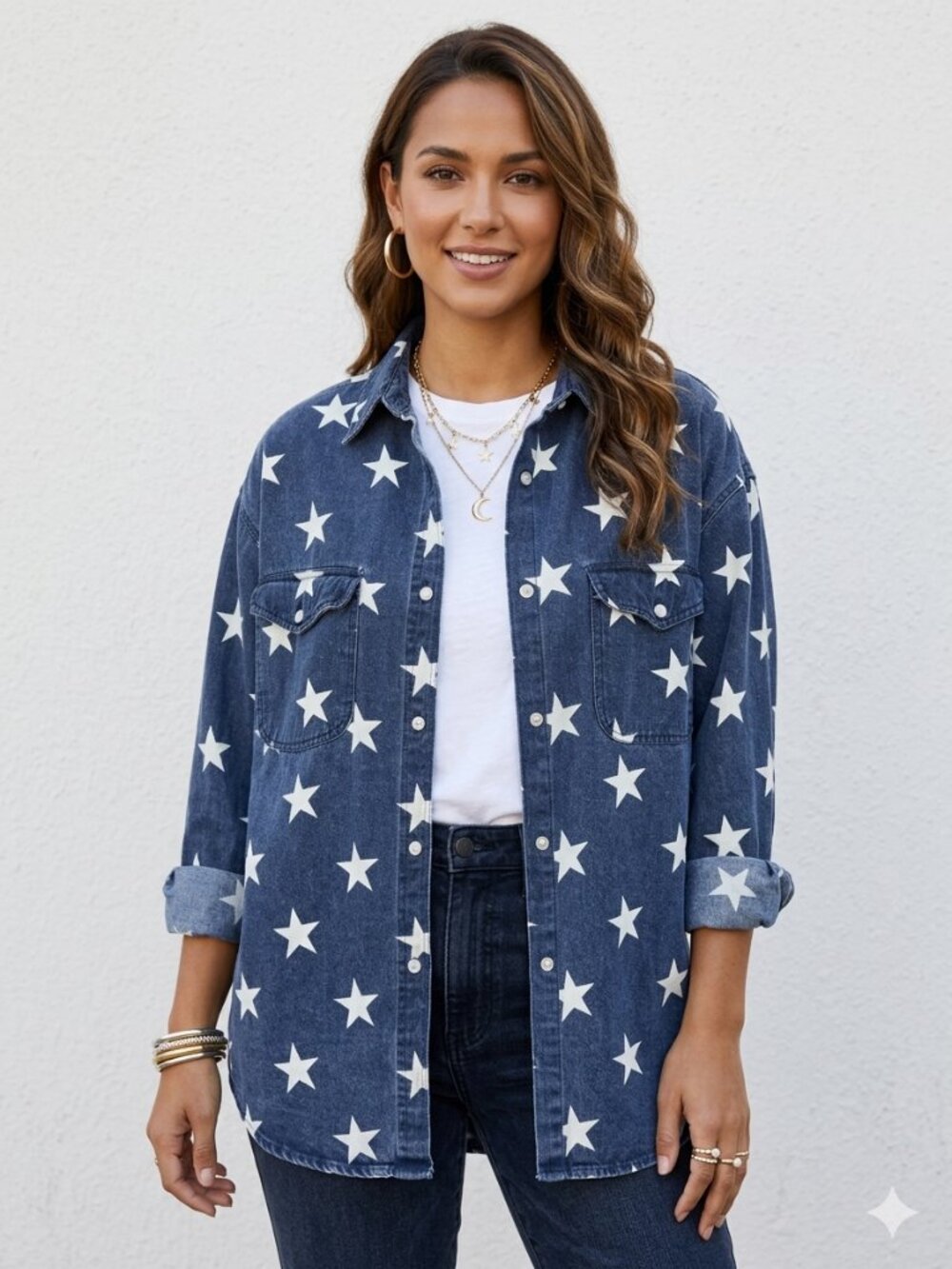 Vtg 90s Quizz New York Star Print Denim Chambray Button Down Shirt - Sz S